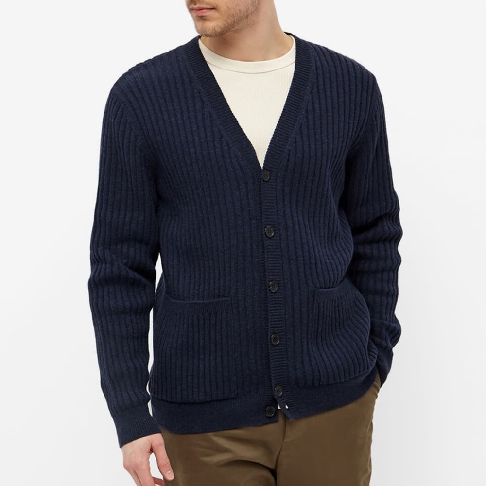 A.P.C Corantin Men’s Wool Cotton Ribbed Navy Blue Button Up Cardigan Sweater